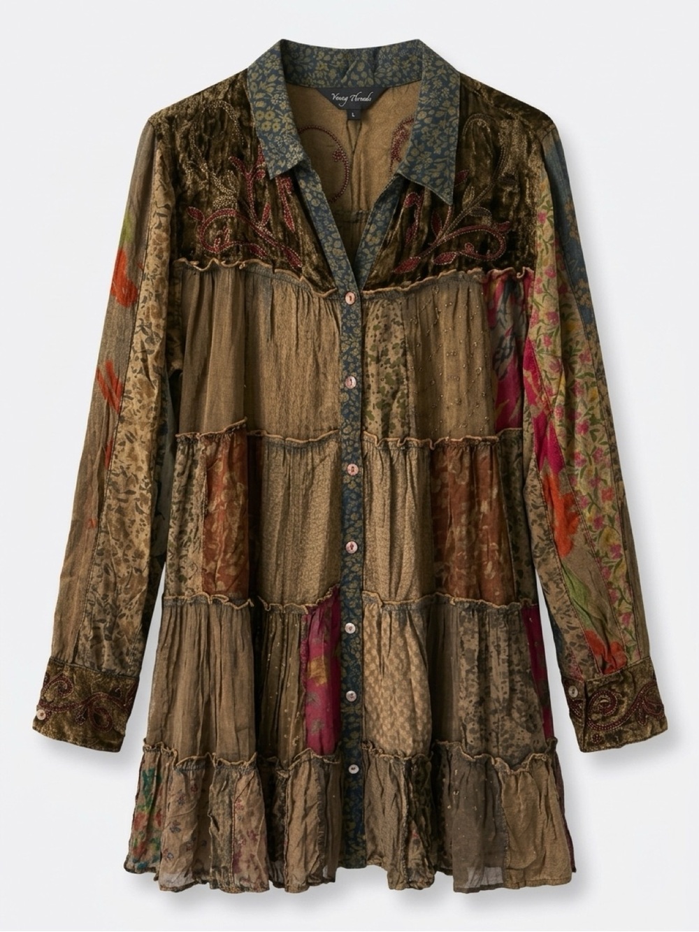 227 NWT Young Threads Artisan Embroidered Patchwork Boho Tiered Shirt Dress